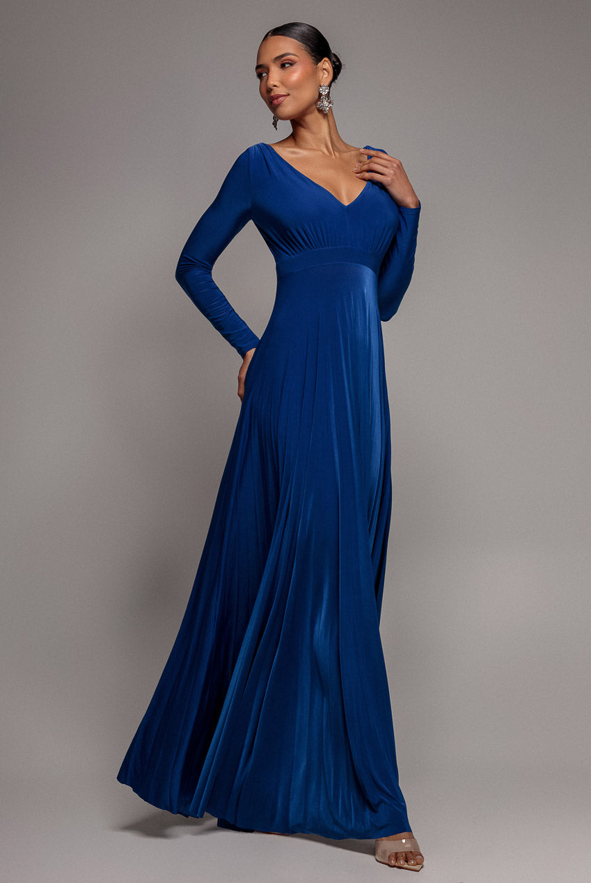 Plunge Neck Long Sleeve A Line Maxi Dress - Royal Blue DR2608