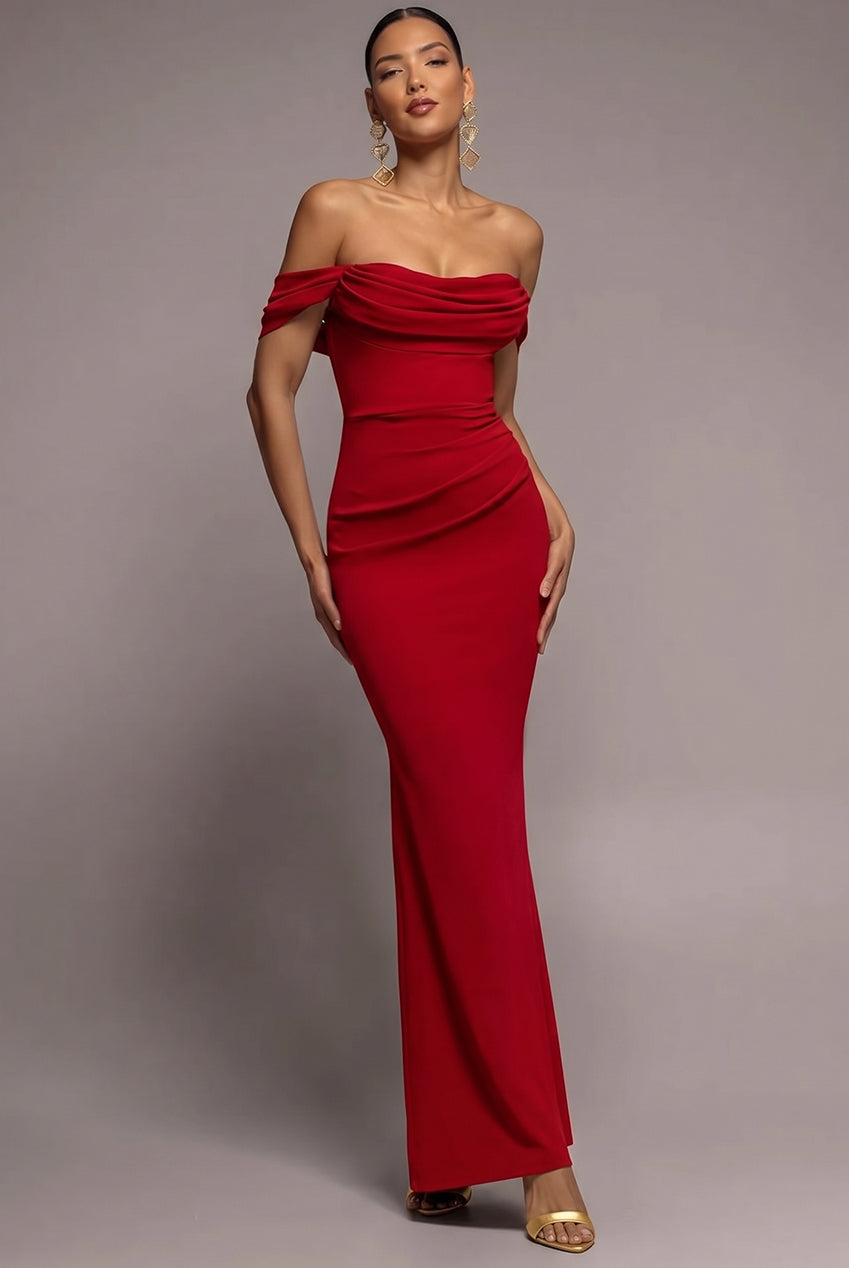 Cowl Neck Off The Shoulder Maxi Dress - Red DR2690