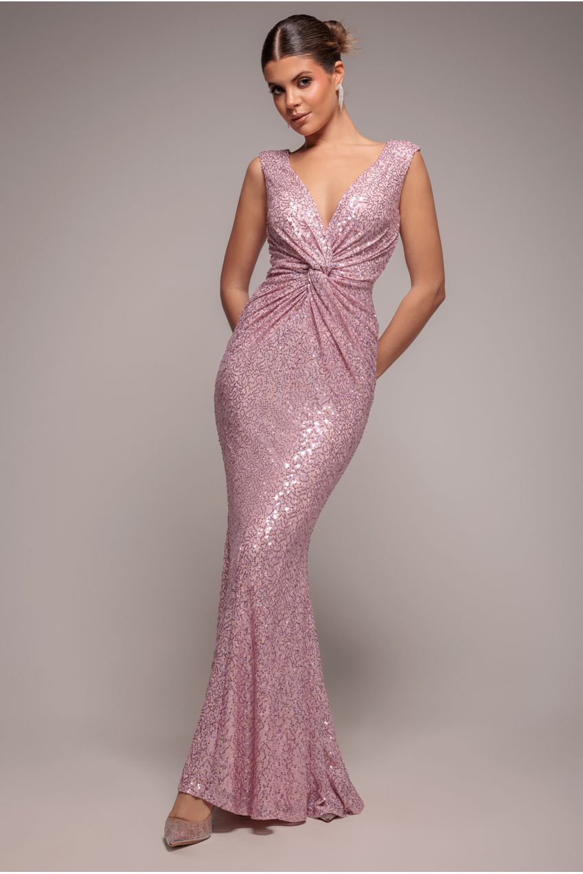 Goddiva Twisted Front Sequin Maxi Dress in Blush
