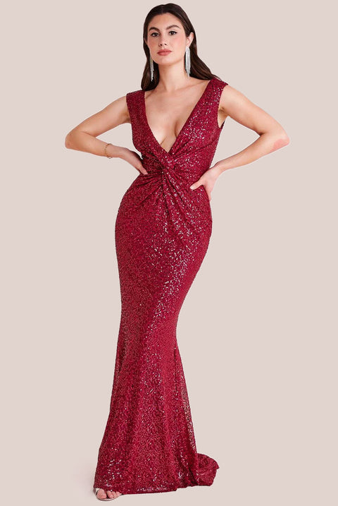 Twisted Front Sequin Maxi - Burgundy DR2723