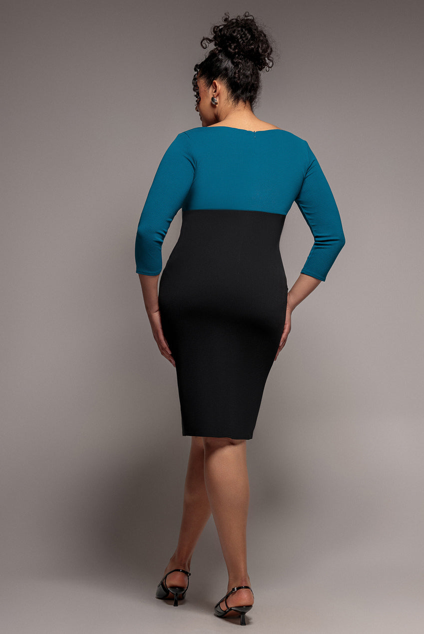 Colour Block Ponti Midi Dress - Teal Blue DR272PL