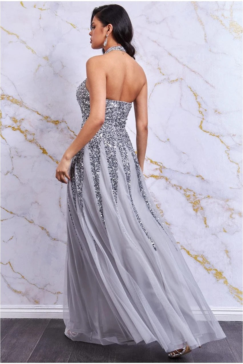 Halter Neck Sequin Open Back Occasion Dress - Silver DR2777