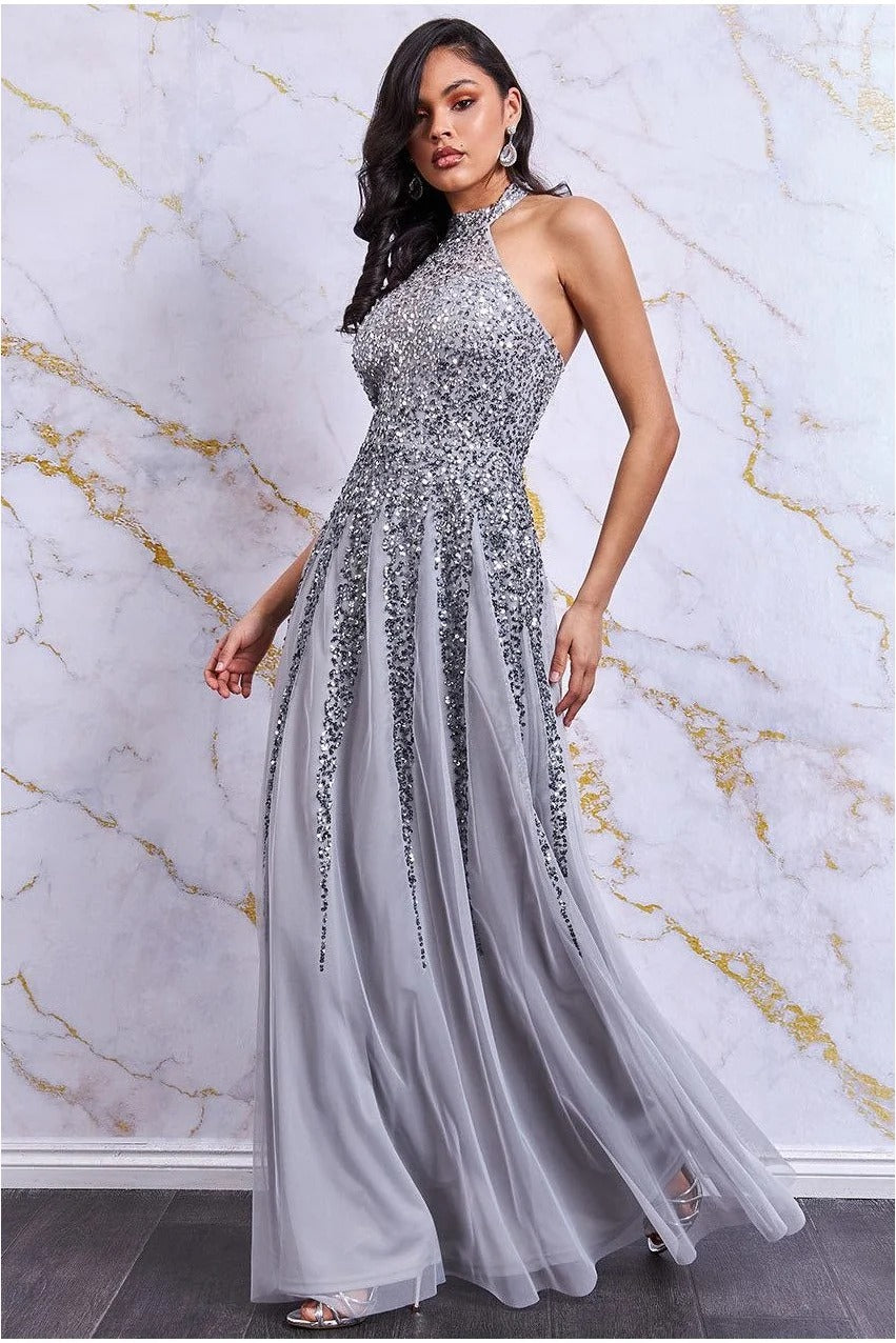 Halter Neck Sequin Open Back Occasion Dress - Silver DR2777