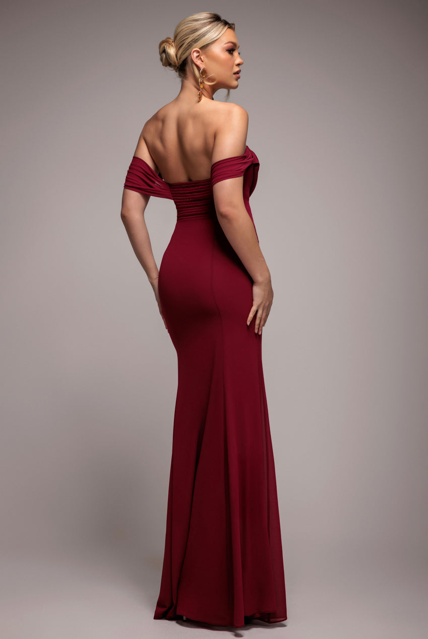 Chiffon Bardot Cowl Neck Maxi Dress - Burgundy Red DR2781A