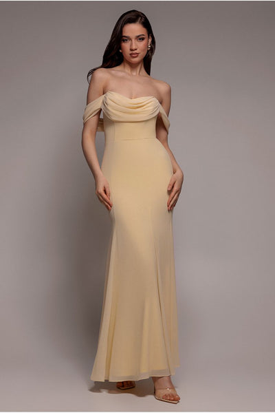 Chiffon Bardot Cowl Neck Maxi Dress - Butter Yellow by Goddiva