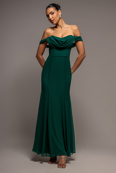 Chiffon Bardot Cowl Neck Maxi Dress - Green by Goddiva