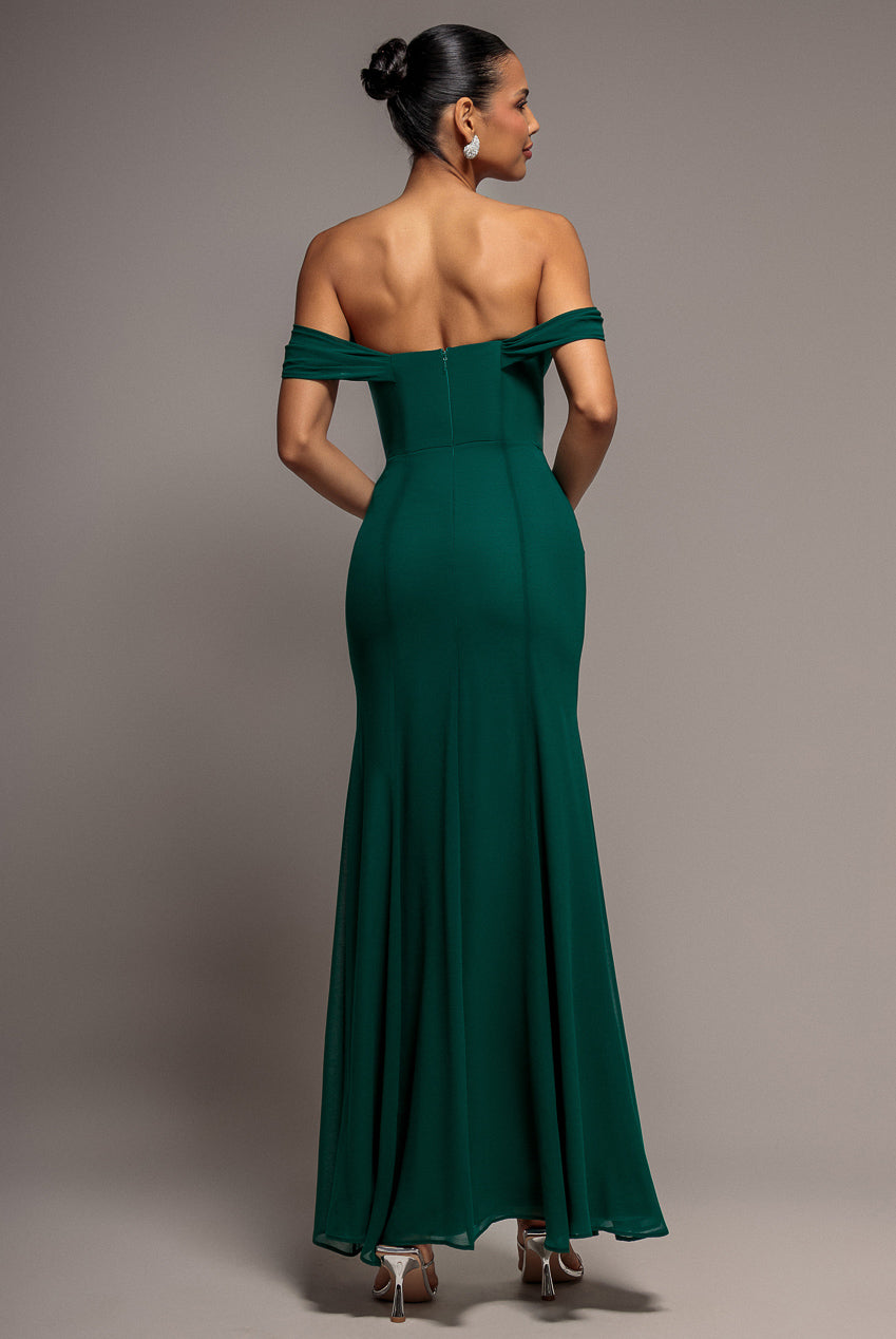 Chiffon Bardot Cowl Neck Maxi Dress - Green DR2781A