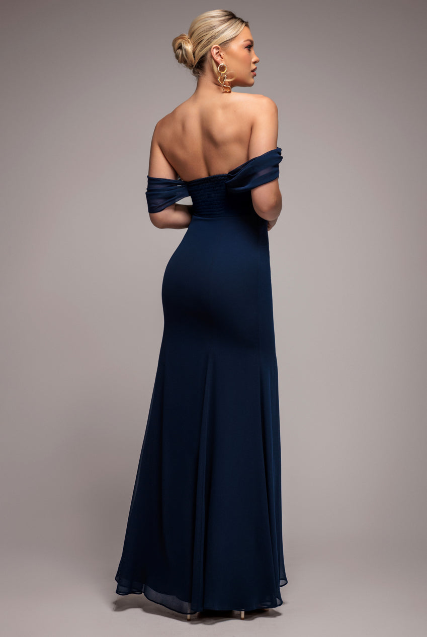 Chiffon Bardot Cowl Neck Maxi Dress - Navy DR2781A