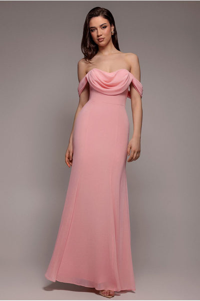 Blush - Chiffon Bardot Cowl Neck Maxi Dress - Blush by Goddiva