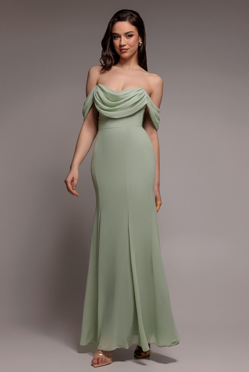 Chiffon Bardot Cowl Neck Maxi Dress - Sage Green DR2781A
