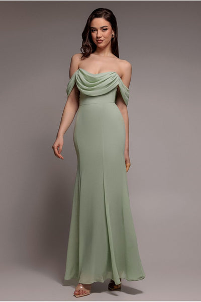 Chiffon Bardot Cowl Neck Maxi Dress - Sage Green by Goddiva