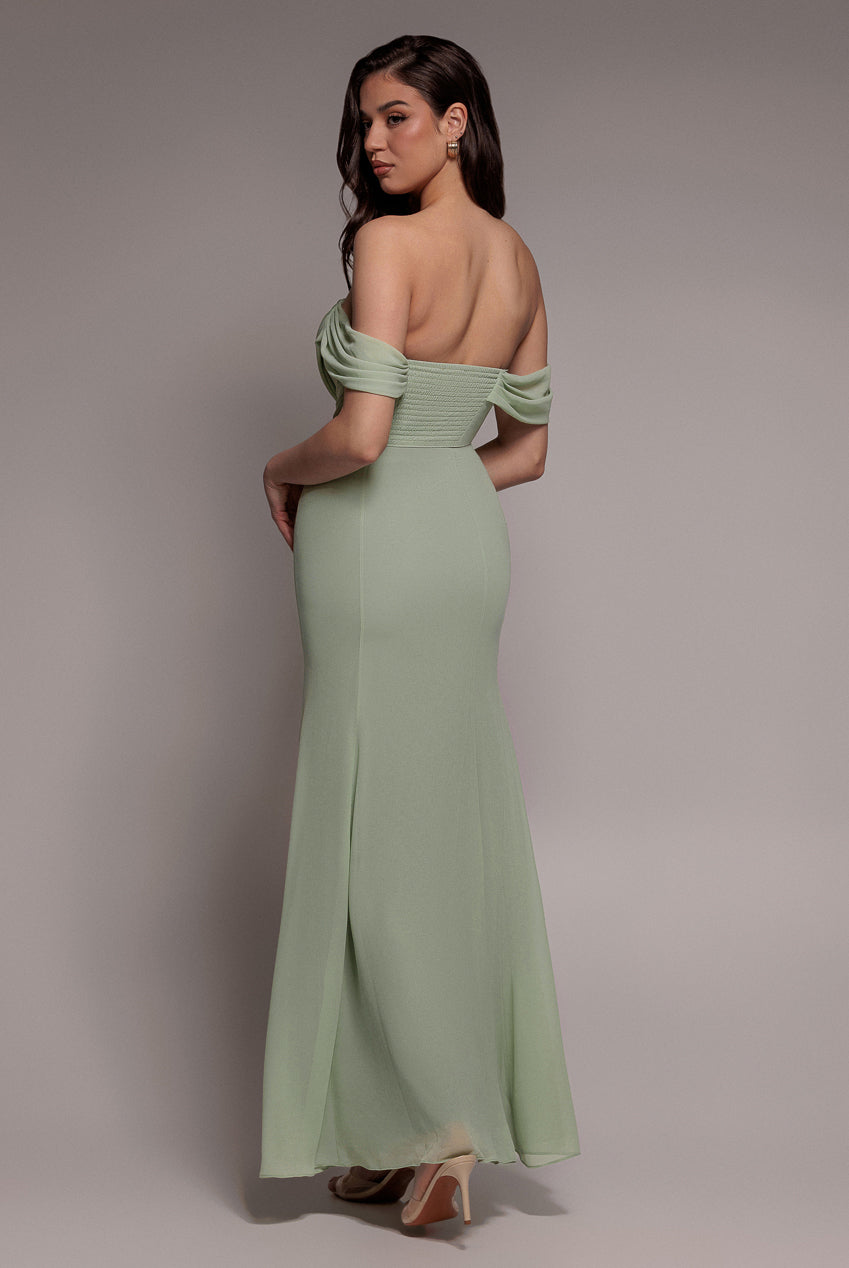 Chiffon Bardot Cowl Neck Maxi Dress - Sage Green DR2781A
