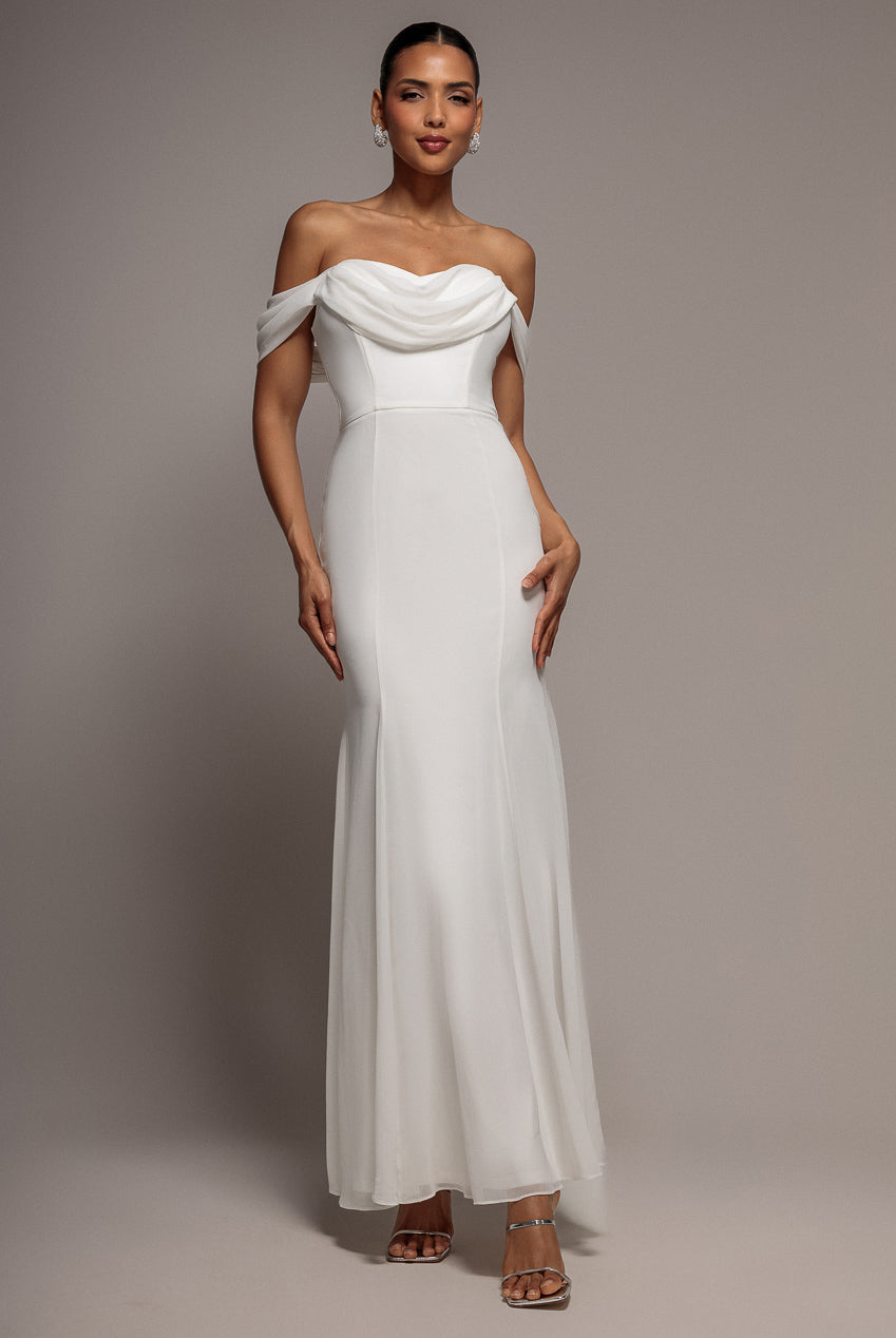 Chiffon Bardot Cowl Neck Maxi Dress - White DR2781A