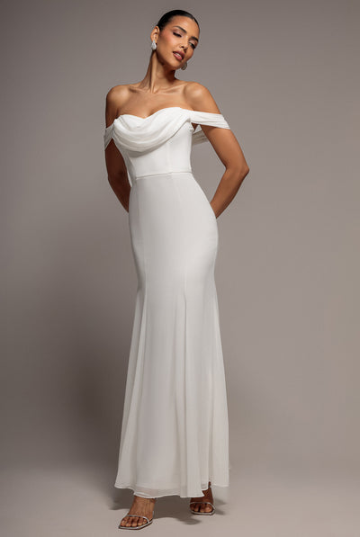 Chiffon Bardot Cowl Neck Maxi Dress - White by Goddiva