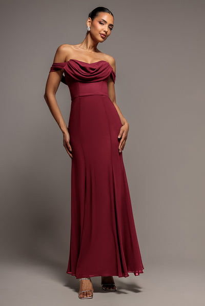 Chiffon Bardot Cowl Neck Maxi Dress - Wine by Goddiva