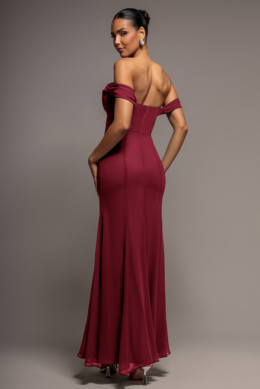 Chiffon Bardot Cowl Neck Maxi Dress - Wine DR2781A