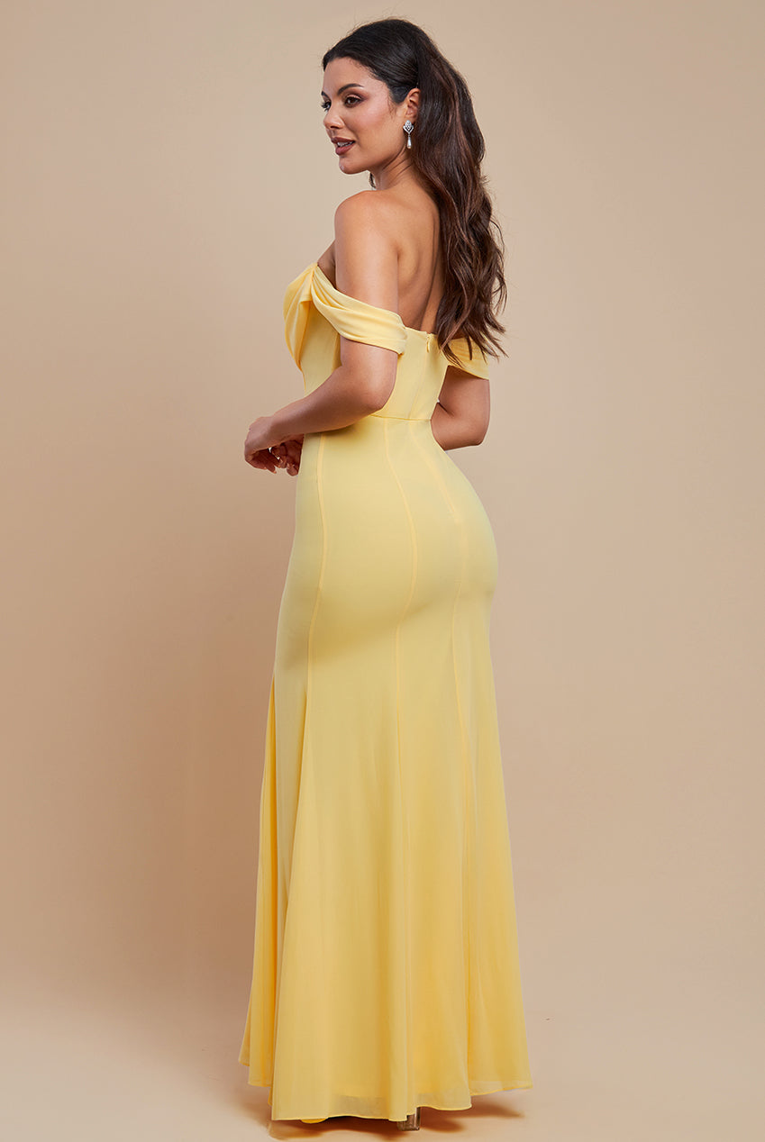 Chiffon Bardot Cowl Neck Maxi Dress - Lemon DR2781A