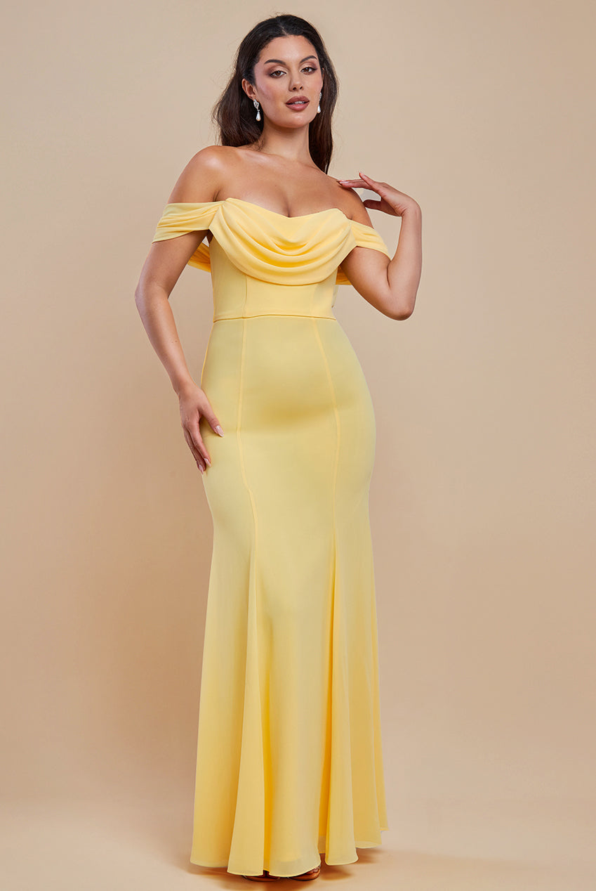 Chiffon Bardot Cowl Neck Maxi Dress - Lemon DR2781A