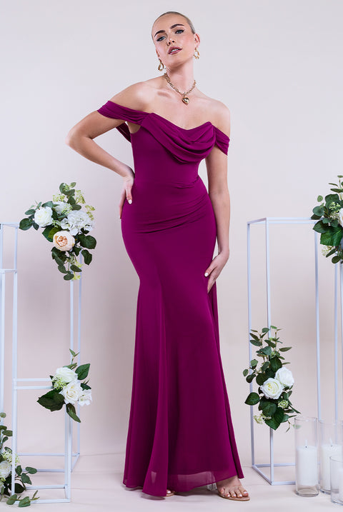 Chiffon Bardot Cowl Neck Maxi Dress - Magenta DR2781A