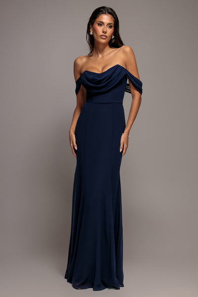 Chiffon Bardot Cowl Neck Maxi Dress - Navy by Goddiva