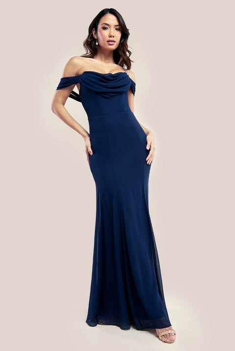 Chiffon Bardot Cowl Neck Maxi Dress - Navy DR2781A