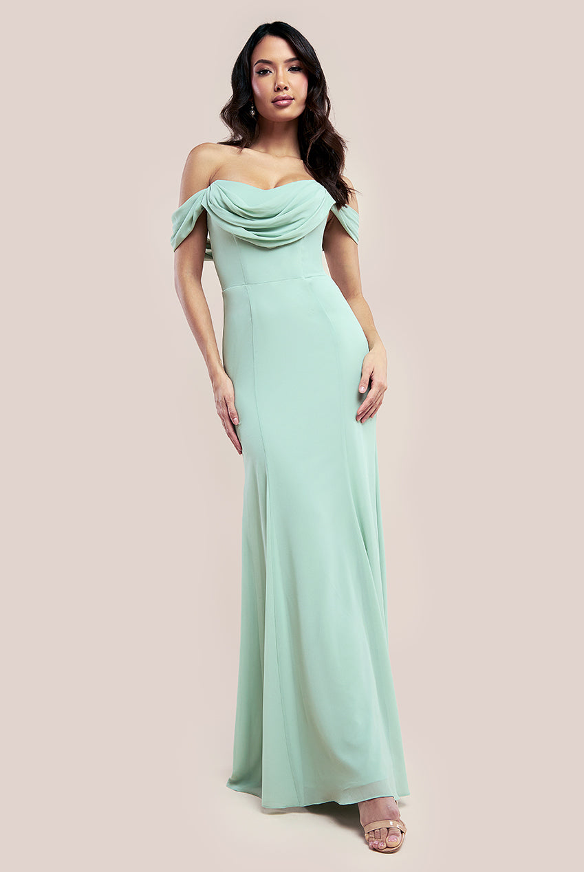 Chiffon Bardot Cowl Neck Maxi Dress - Sage Green DR2781A