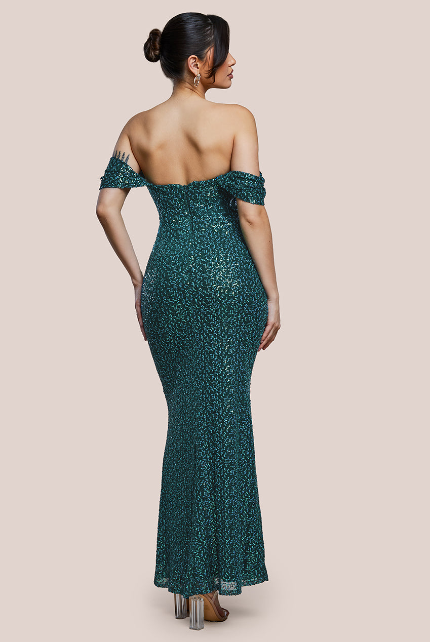 Off The Shoulder Sequin Wing Maxi - Emerald Green DR2791