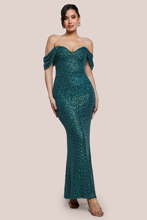 Off The Shoulder Sequin Wing Maxi - Emerald Green DR2791