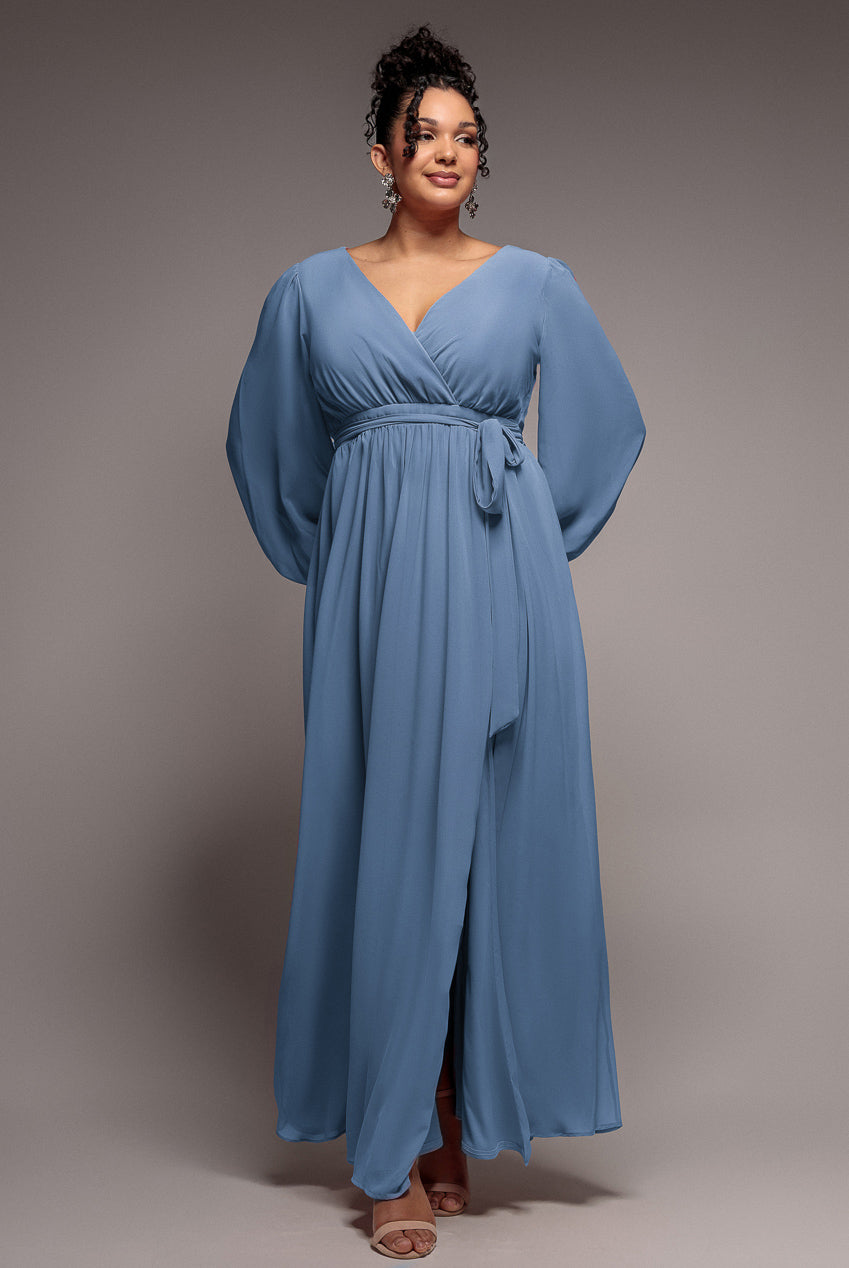 Wrap Back With Front Slit Chiffon Maxi Dress - Airforce Blue DR2800P