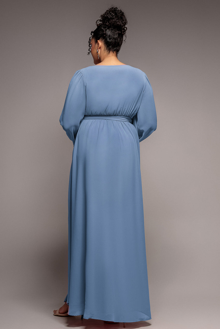 Wrap Back With Front Slit Chiffon Maxi Dress - Airforce Blue DR2800P