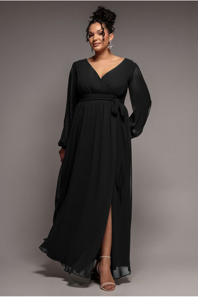 Wrap Back With Front Slit Chiffon Maxi Dress - Black by Goddiva Plus