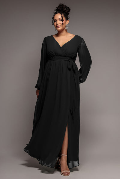 Black - Wrap Back With Front Slit Chiffon Maxi Dress - Black by Goddiva Plus
