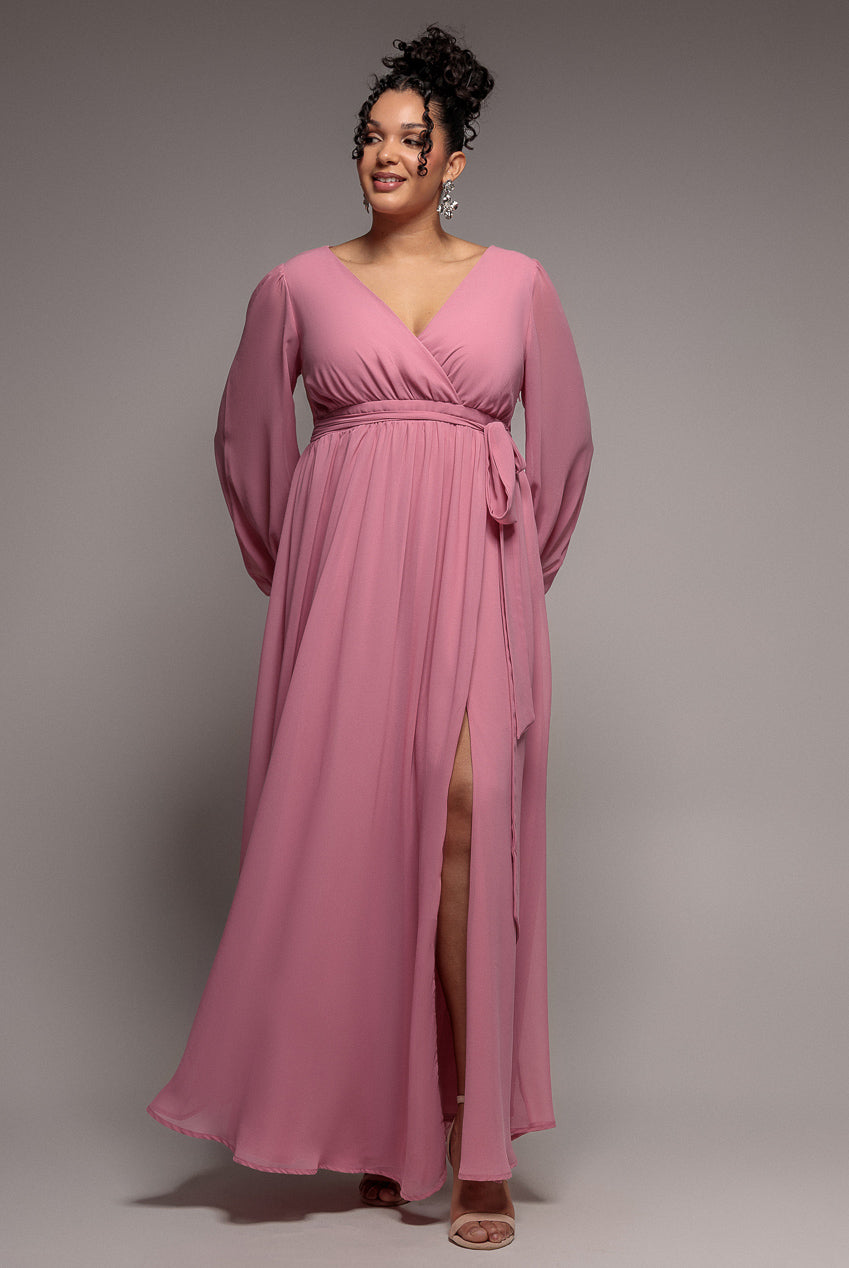 Wrap Back With Front Slit Chiffon Maxi Dress - Dusty Pink DR2800P
