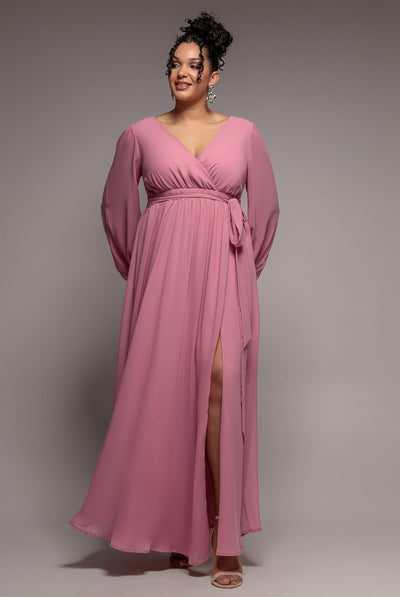 Dusty Pink - Wrap Back With Front Slit Chiffon Maxi Dress - Dusty Pink by Goddiva Plus