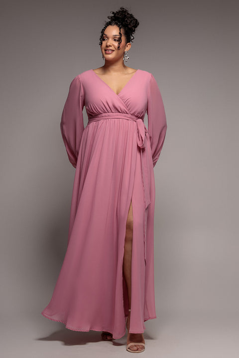 Wrap Back With Front Slit Chiffon Maxi Dress - Dusty Pink by Goddiva Plus