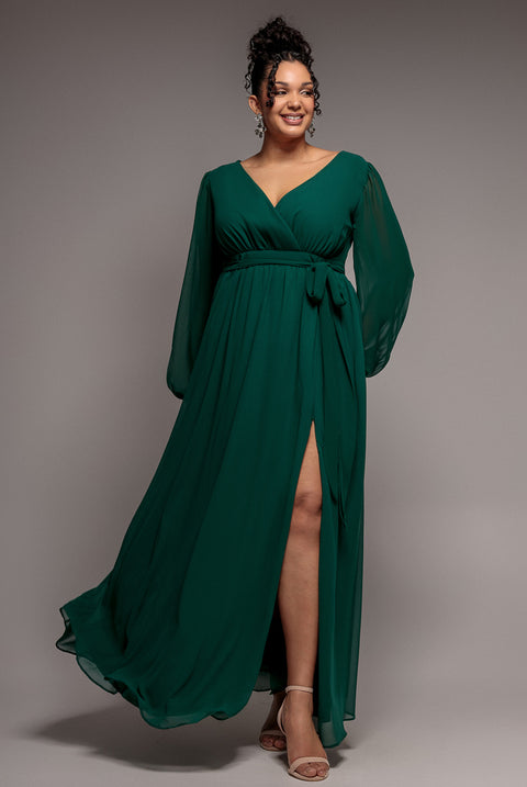 Wrap Back With Front Slit Chiffon Maxi Dress - Emerald Green by Goddiva Plus