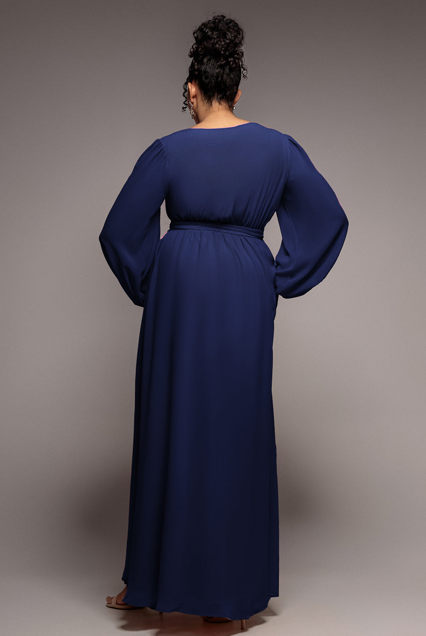 Wrap Back With Front Slit Chiffon Maxi Dress - Navy Blue DR2800P