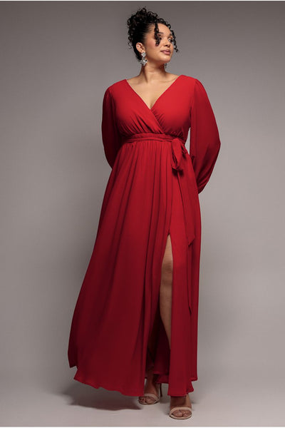 Wrap Back With Front Slit Chiffon Maxi Dress - Red by Goddiva Plus