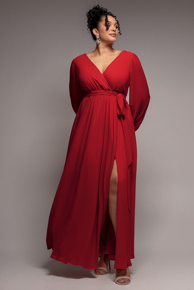 Red - Wrap Back With Front Slit Chiffon Maxi Dress - Red by Goddiva Plus