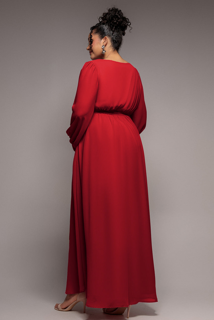 Wrap Back With Front Slit Chiffon Maxi Dress - Red DR2800P