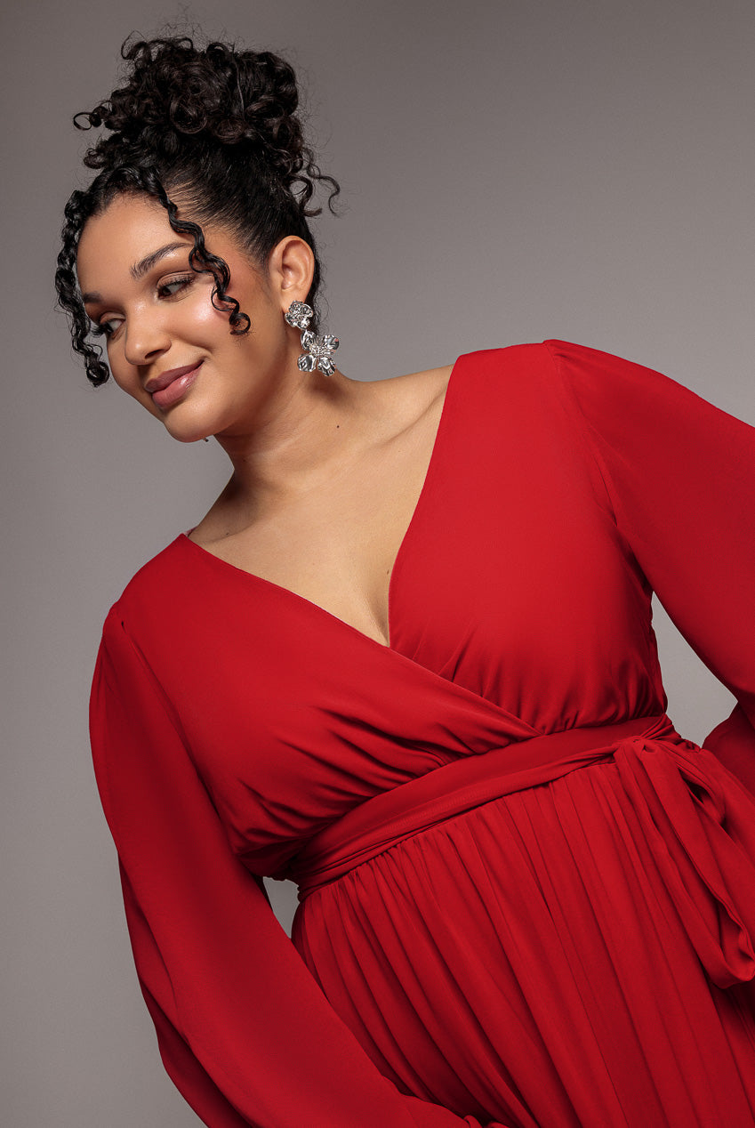 Wrap Back With Front Slit Chiffon Maxi Dress - Red DR2800P