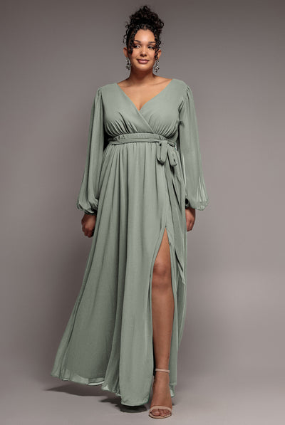 Sage Green - Wrap Back With Front Slit Chiffon Maxi Dress - Sage Green by Goddiva Plus