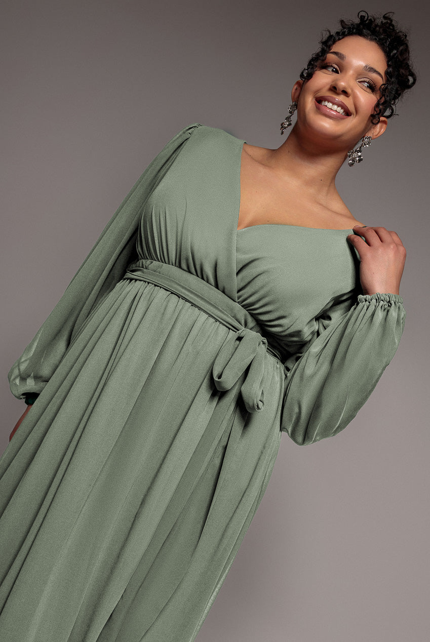 slim fit dress slacks Wrap Back With Front Slit Chiffon Maxi Dress - Sage Green