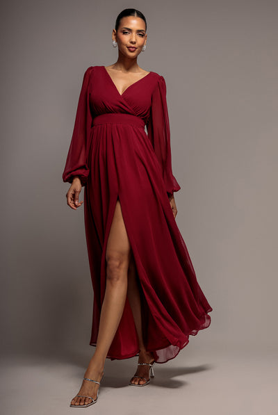 Wrap Back With Front Slit Chiffon Maxi Dress - Berry by Goddiva