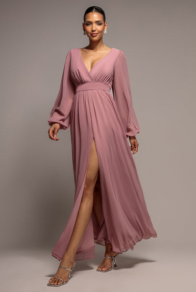 Wrap Back With Front Slit Chiffon Maxi Dress - Lilac by Goddiva