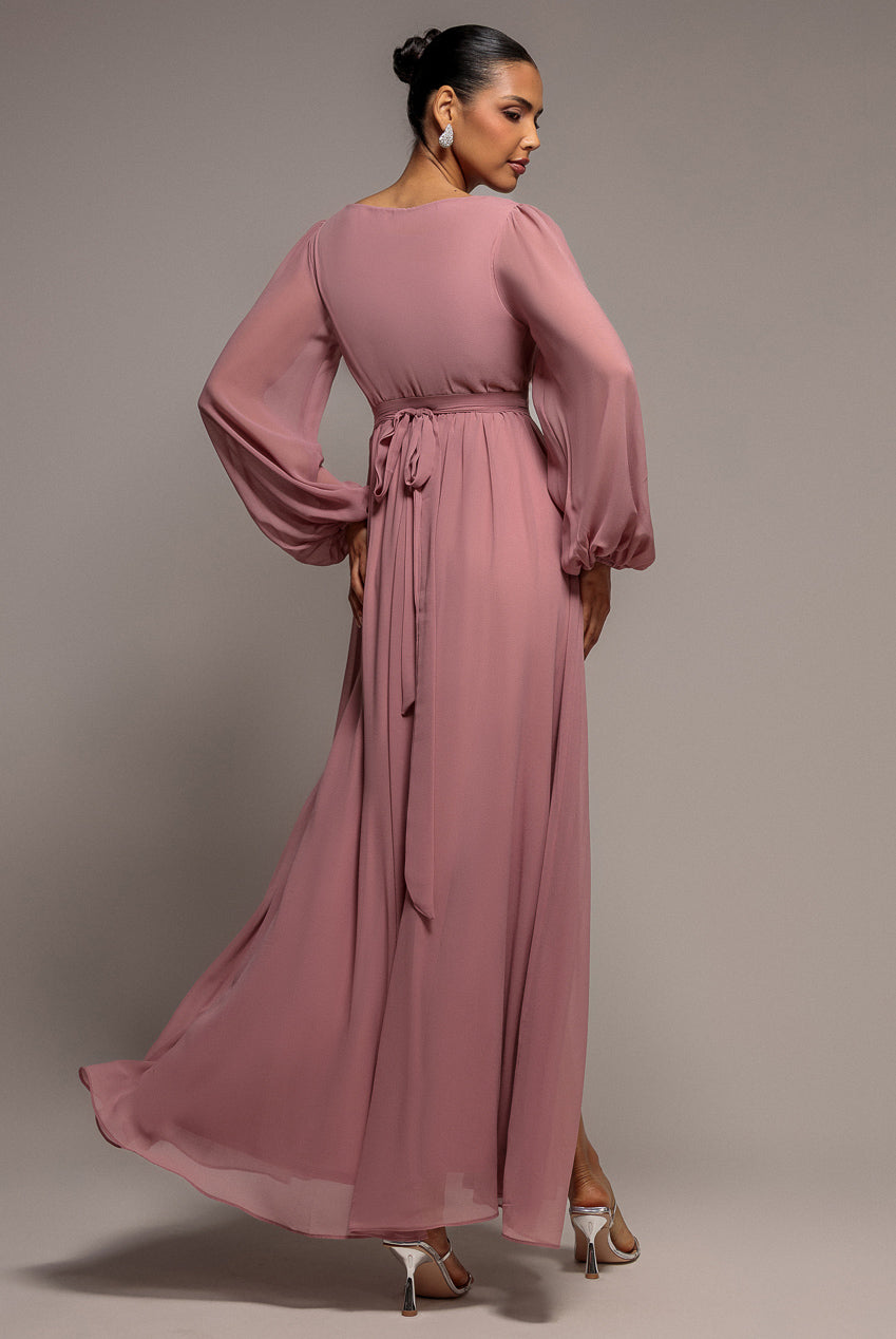 Wrap Back With Front Slit Chiffon Maxi Dress - Lilac DR2800