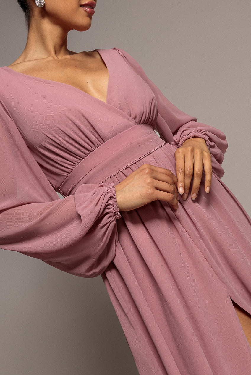Wrap Back With Front Slit Chiffon Maxi Dress - Lilac DR2800