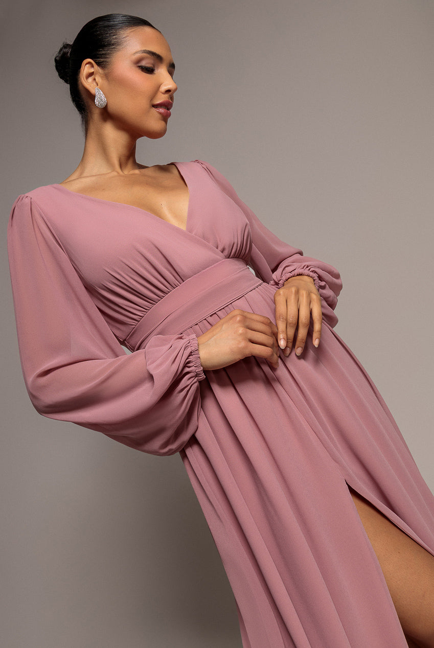 Wrap Back With Front Slit Chiffon Maxi Dress - Lilac DR2800