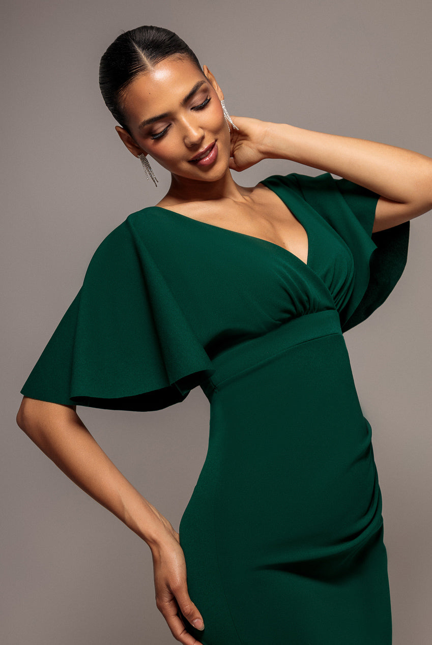Flutter Sleeve Wrap Midi Dress - Emerald Green DR2804