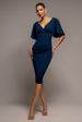 Flutter Sleeve Wrap Midi Dress - Navy Blue by Goddiva
